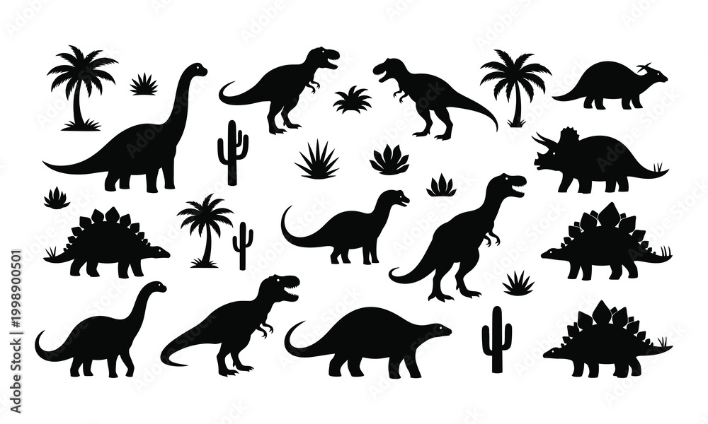 Obraz premium Collection of dinosaur silhouettes and prehistoric plants.
