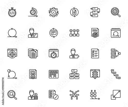 Agile Development icon set. Vector illustration with Coding, Sprint, Scrum, Kanban, Backlog, Roadmap, Stakeholder and more. Editable thin line icons.