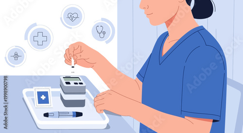 Nurse preparing insulin injection with glucose meter for diabetes patient care