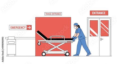 Nurse pushing patient on stretcher into hospital emergency room triage entrance