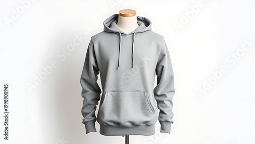athleisure. Grey hoodie sweatshirt displayed on a simple mannequin. lifestyle magazines, social media lookbooks, designed for lifestyle magazines and social media content, used by PR specialists.