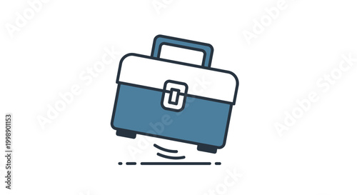 Blue and white toolbox tilted, with a slight bounce effect, isolated on white background