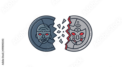 Broken Coin with Robot and Human Faces, Symbolizing Conflict, Division, and Economic Crisis