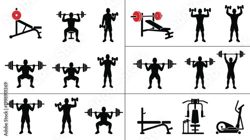 Gym workout silhouette set with barbell squats shoulder press dumbbell exercises and fitness equipment collection