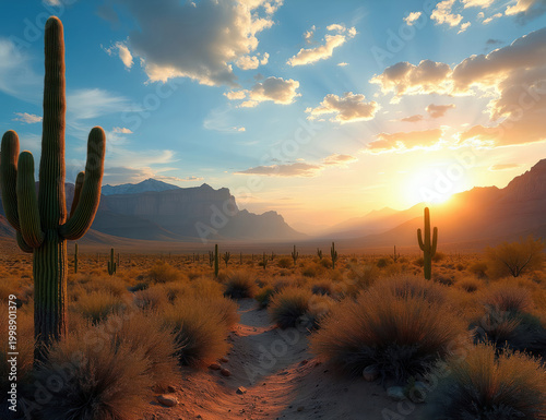 Saguaro cactus stands tall in arid southwest desert at golden hour sunset. Mountains loom in distance over dry landscape under cloudy sky with sun rays.