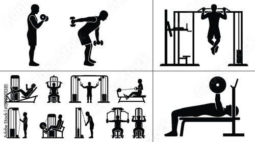 Gym workout silhouette set featuring strength training exercises weightlifting equipment and fitness routine collection