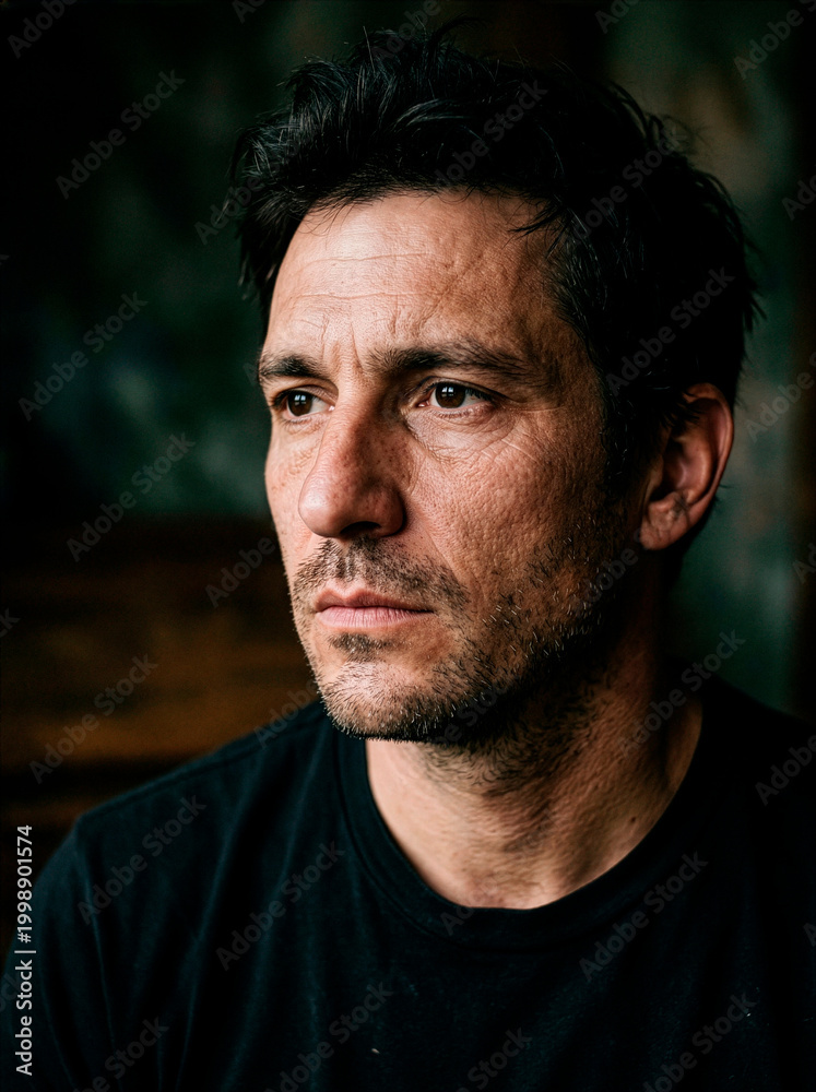 Fototapeta premium Retrato masculino editorial com expressão séria e iluminação dramática