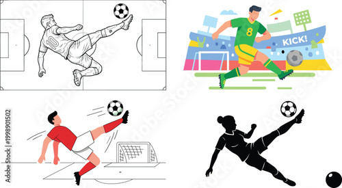 Foto Soccer bicycle kick illustration set with sketch cartoon and silhouette styles d