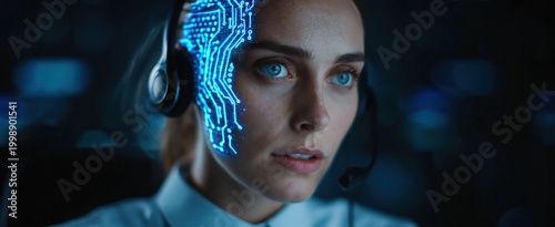 AI customer service and tech support woman with headset and digital circuitry overlay for artificial intelligence machine learning and future technology concepts. High quality photo