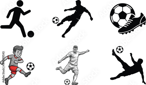 Soccer player icons and silhouettes set with kicking dribbling goalkeeper actions and football equipment illustrations