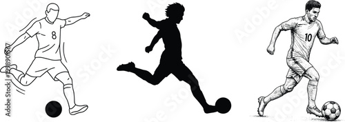 Soccer player illustration set with line art silhouette and detailed sketch dribbling football action poses