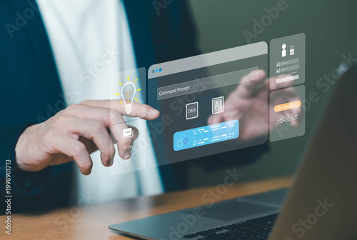 Business professional interacting with AI-powered digital interface on laptop, featuring command prompt, data analytics, automation tools, and virtual assistant technology for innovation.