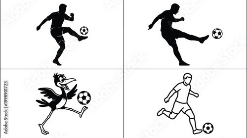 Soccer player silhouettes and cartoon mascot set with kicking and dribbling football action illustrations
