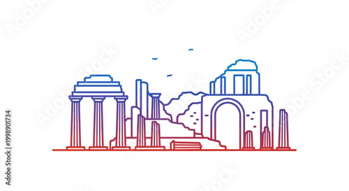 Ancient ruins with columns and arches, gradient color outline, vector illustration
