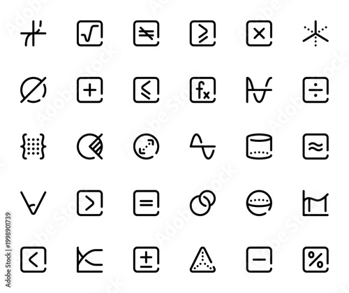 Maths icon set. Vector symbols collection. Includes tangent, square root, multiplication, division, sine, cosine, angle, sphere, cylinder, pyramid, matrix, integral, percentage and more.