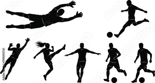 Soccer player silhouettes set with diving goalkeeper kicking dribbling and jumping action poses football illustration