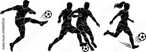 Soccer player silhouettes set with kicking dribbling and tackling actions including male and female athletes