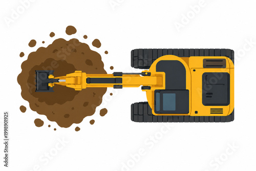 Top View Excavator Digging Soil, Earthmoving Construction Equipment Illustration