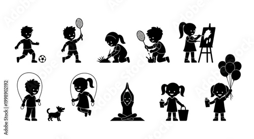 Silhouette Set of Children Engaged in Various Hobbies and Outdoor Activities