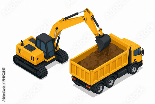 Excavator Loading Dump Truck with Soil, Construction Site Material Transport Concept