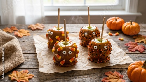 Seasonal Holiday Food Us Uk Canada Halloween Caramel Apples on Sticks with Candy Corn,