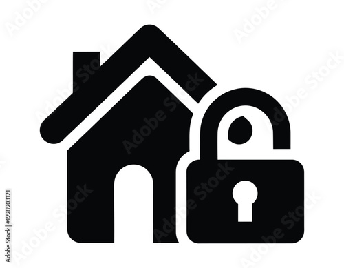 Home security silhouette a black icon representing house protection with an open padlock