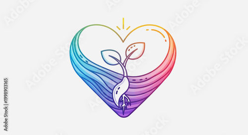 Heart shape with growing plant and rainbow colors, symbolizing love, growth, and hope