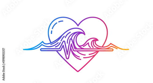 Heartbeat wave, love for ocean, surfing, nature, colorful gradient