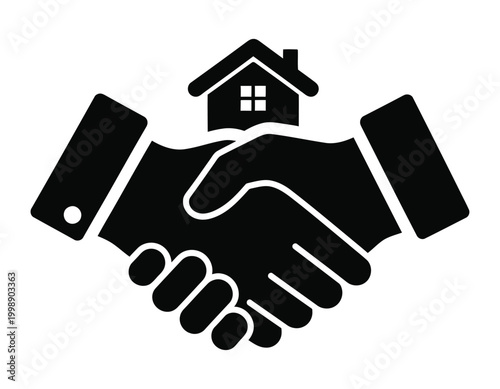 A black silhouette of a handshake with a house above representing real estate agreement and partnership