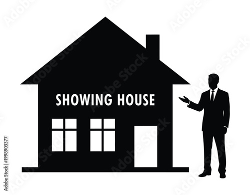 Real estate silhouette a man presenting a house for sale with a 'showing house' sign