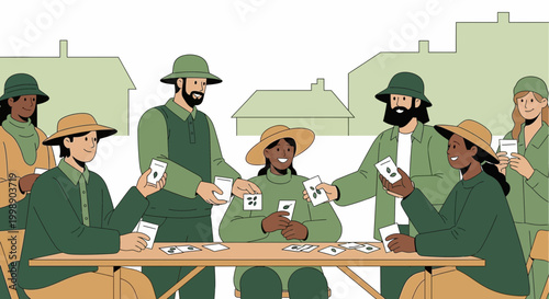 Diverse group of people playing cards outdoors, enjoying leisure time together.