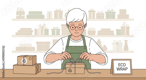 Eco-friendly gift wrapping: Person tying twine on recycled cardboard boxes, shelves with gifts