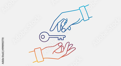 Hand passing key to another hand, concept of transfer, ownership, access, and new beginnings
