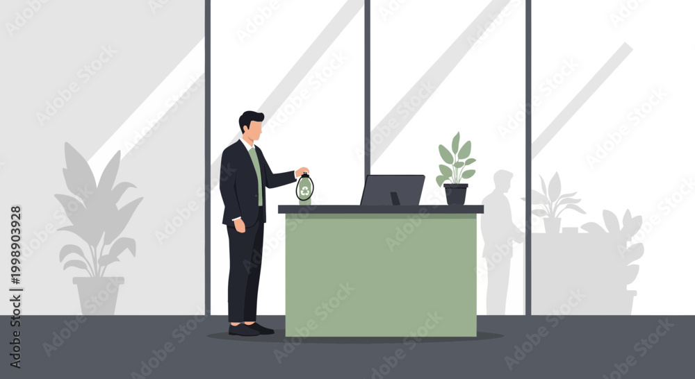 Fototapeta premium Man in suit sanitizing hands at reception desk with plants and laptop