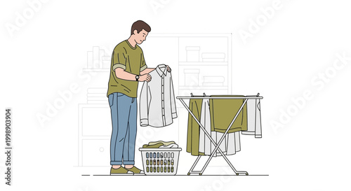 Man hanging laundry on a drying rack, domestic chores, home life, everyday routine