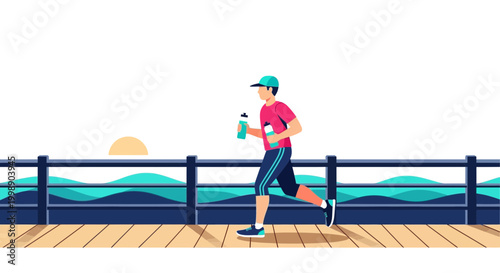 Man jogging on boardwalk by the sea at sunrise, healthy lifestyle and fitness