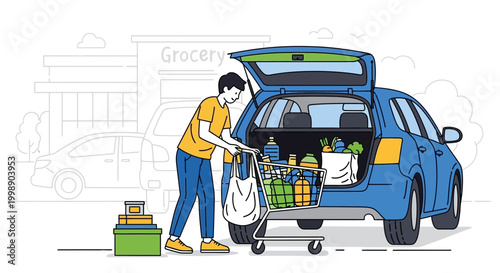 Man loading groceries into car trunk after shopping at grocery store