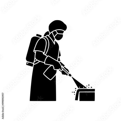 Worker in Protective Suit Spraying Disinfectant Silhouette Icon