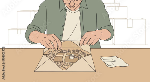 Man packing a gift box with shredded paper in a cardboard box, preparing for shipment