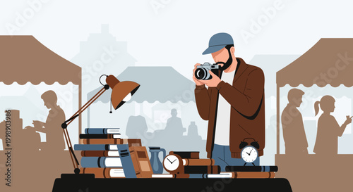 Man photographing books and antiques at an outdoor market stall