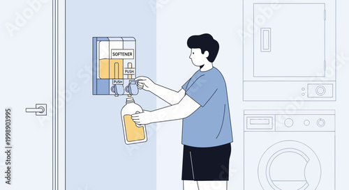 Man pouring liquid fabric softener into a bottle from a dispenser