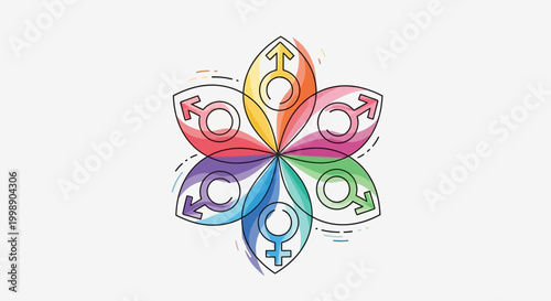 Gender symbols in rainbow colors forming a flower shape, diversity and equality concept