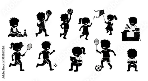 Set of Silhouettes of Active Kids Playing Sports and Hobbies