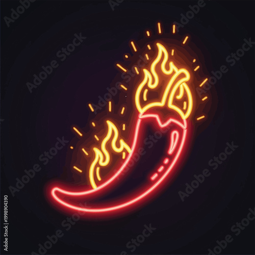 Neon chili pepper icon, glowing red hot pepper, flame sign, spicy food symbol, neon style illustration