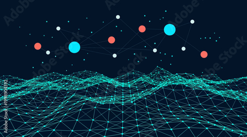 A futuristic digital landscape with a network of glowing blue lines and nodes forming a wavy pattern across the bottom against a dark background with colorful dots and spheres floating above