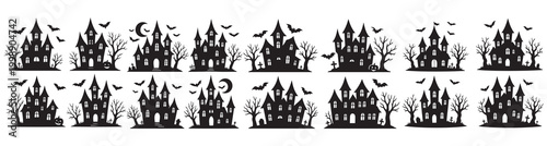 Canvastavla Halloween haunted house silhouette border set