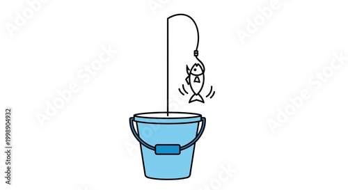 Fishing rod over bucket with fish caught on hook, concept of success and achievement