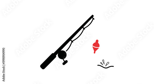 Fishing rod with bobber and splash on water surface, illustration