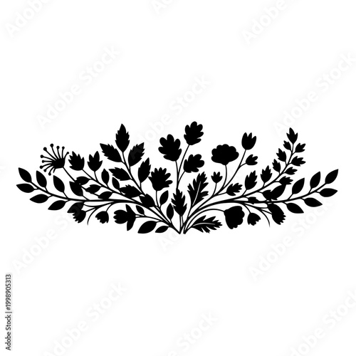 Black Floral Silhouette of a Decorative Bouquet with Leaves and Flowers