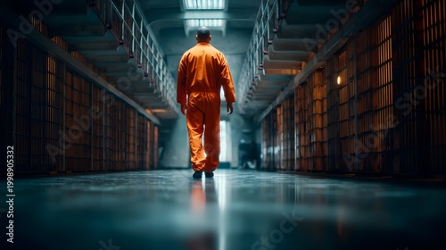 Somber Prison Hall with Inmate in Orange Uniform Walking Alone